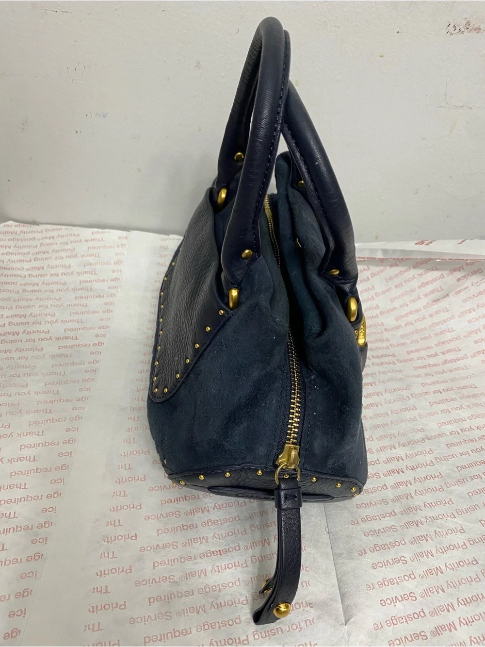 Cole Haan Suede and Leather Exterior Satchel Handbag with Gold Hardware. New
